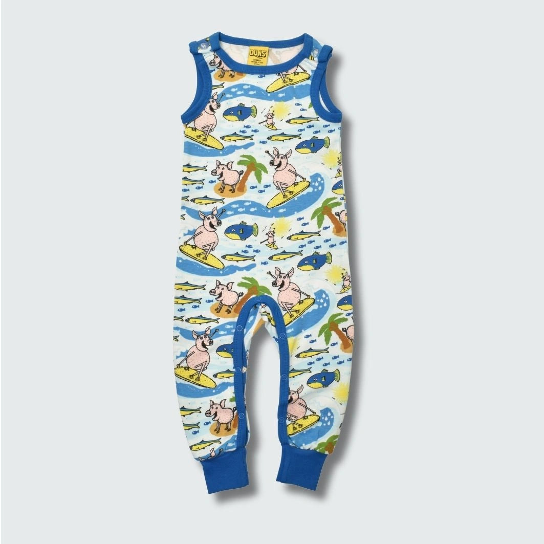 Surf pig print newborn romper dungaree in blue with skydiver blue trim, DUNS Sweden – newborn dungarees, rompers suit