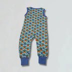 Children's sleeveless romper with radish pattern on a light gray background