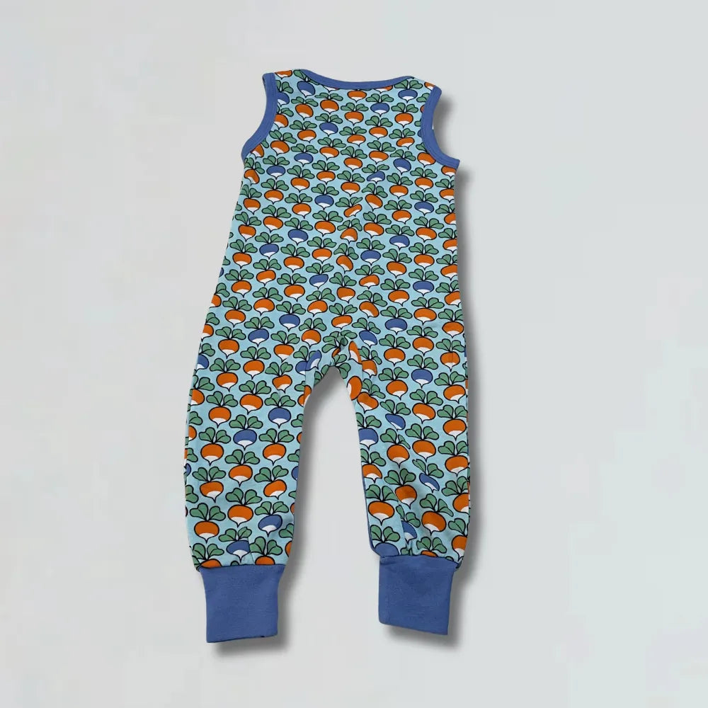 Children's sleeveless romper with radish pattern on a light gray background