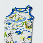 Organic surf pig print dungaree in blue with skydiver blue trim, DUNS Sweden – organic baby clothes, newborn dungarees