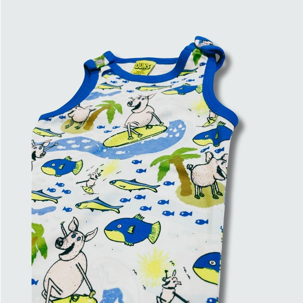 Organic surf pig print dungaree in blue with skydiver blue trim, DUNS Sweden – organic baby clothes, newborn dungarees