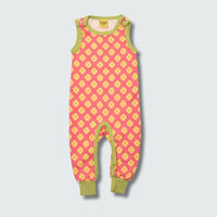 Organic clover print dungaree romper in hot pink with bright chartreuse green trim, DUNS Sweden – newborn dungarees, organic baby clothes