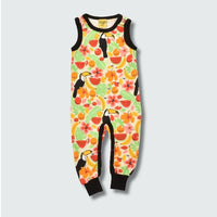 Organic toucan print jumpsuit dungaree in vanilla custard with black trim, DUNS Sweden – newborn jumpsuit, organic baby clothes