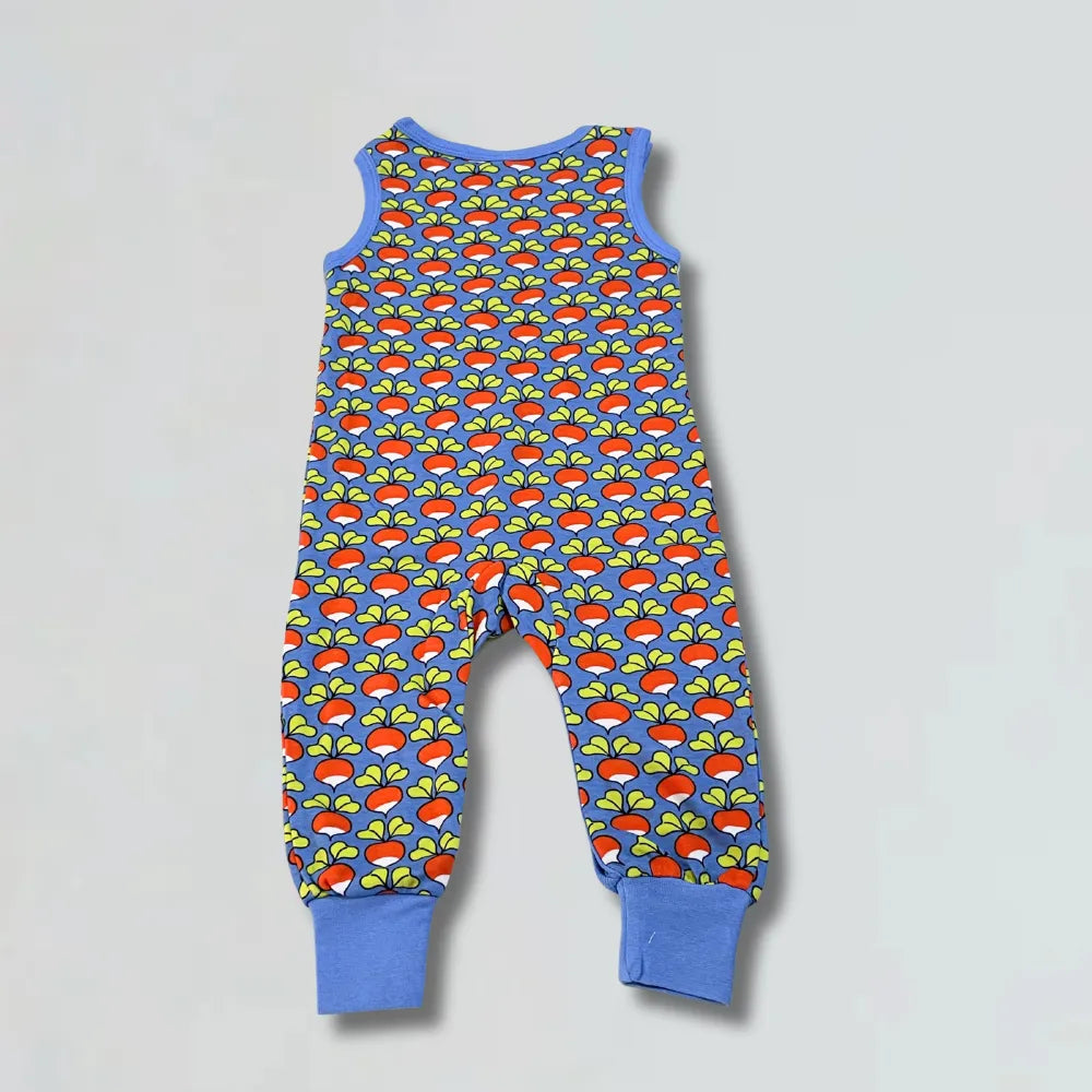 Children's overalls with radish pattern on a gray background