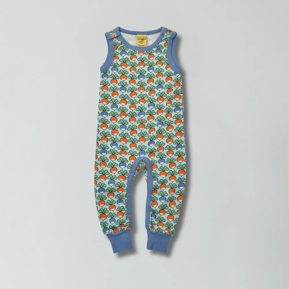 Marina blue multi radish print organic cotton dungarees for babies and toddlers — Baby Goes Retro