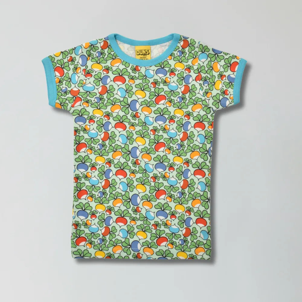 River blue jumbled radish print organic cotton t-shirt for babies and kids — Baby Goes Retro