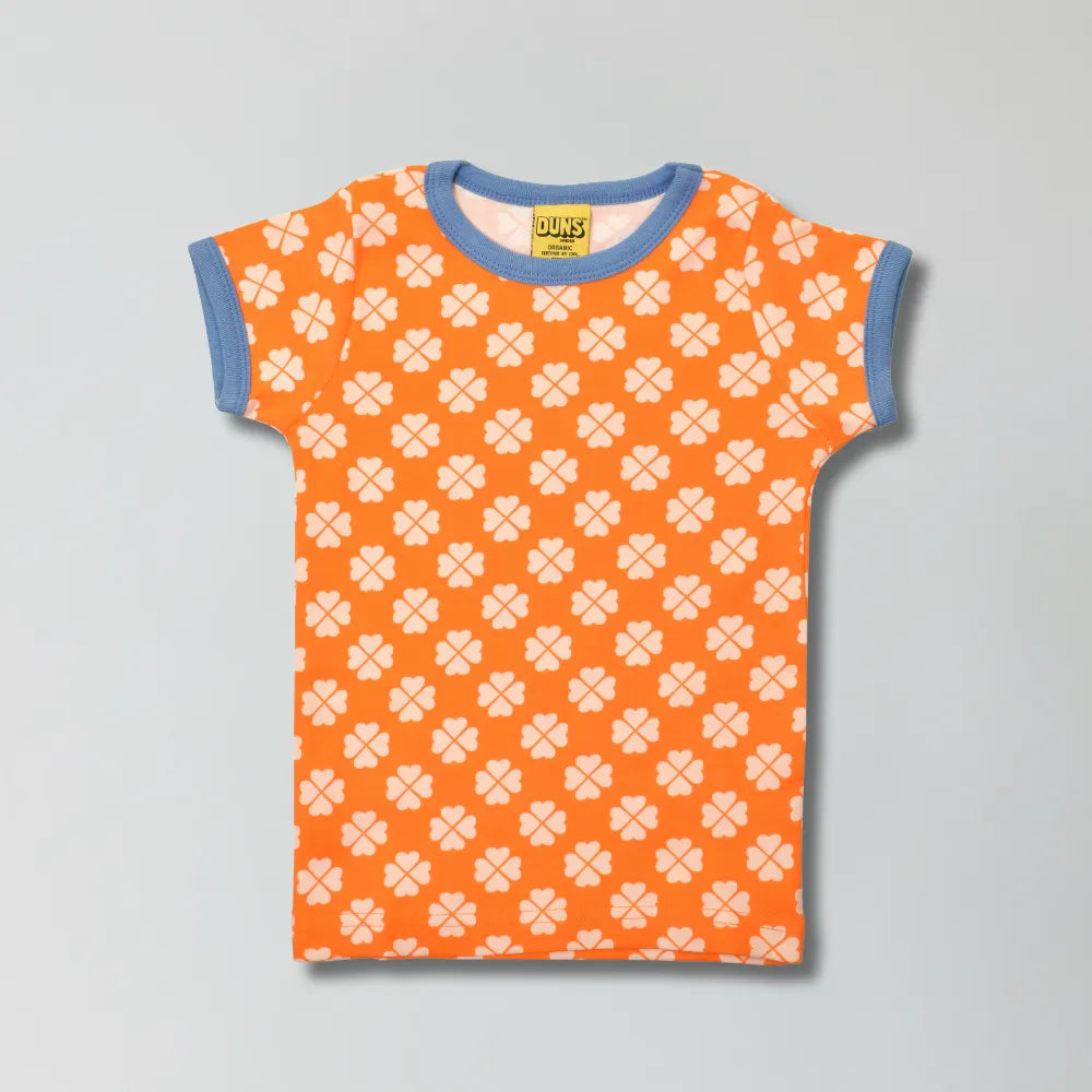 Vibrant orange clover print organic cotton t-shirt for babies and kids — Baby Goes Retro
