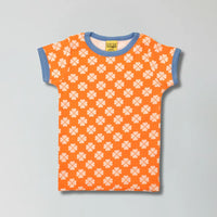 Vibrant orange clover print organic cotton t-shirt for babies and kids — Baby Goes Retro