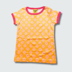 Organic clover print infant shirt in radiant yellow with hot pink trim, DUNS Sweden – organic infant clothes, infant shirts