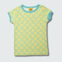 Organic clover print short sleeve top in green ash with capri blue trim, DUNS Sweden – infant shirts, organic infant clothes