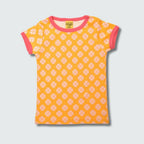 Organic clover print kidswear shirt in radiant yellow with hot pink trim, DUNS Sweden – organic kidswear, infant shirts