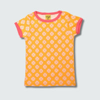 Organic clover print kidswear shirt in radiant yellow with hot pink trim, DUNS Sweden – organic kidswear, infant shirts