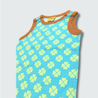 Organic clover print romper dungaree in capri blue with buckthorn brown trim, DUNS Sweden – organic baby clothes, dungarees newborn