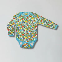 River blue jumbled radish print organic cotton long sleeve bodysuit for babies — Baby Goes Retro