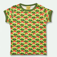 T-shirt with red radish pattern on a green background