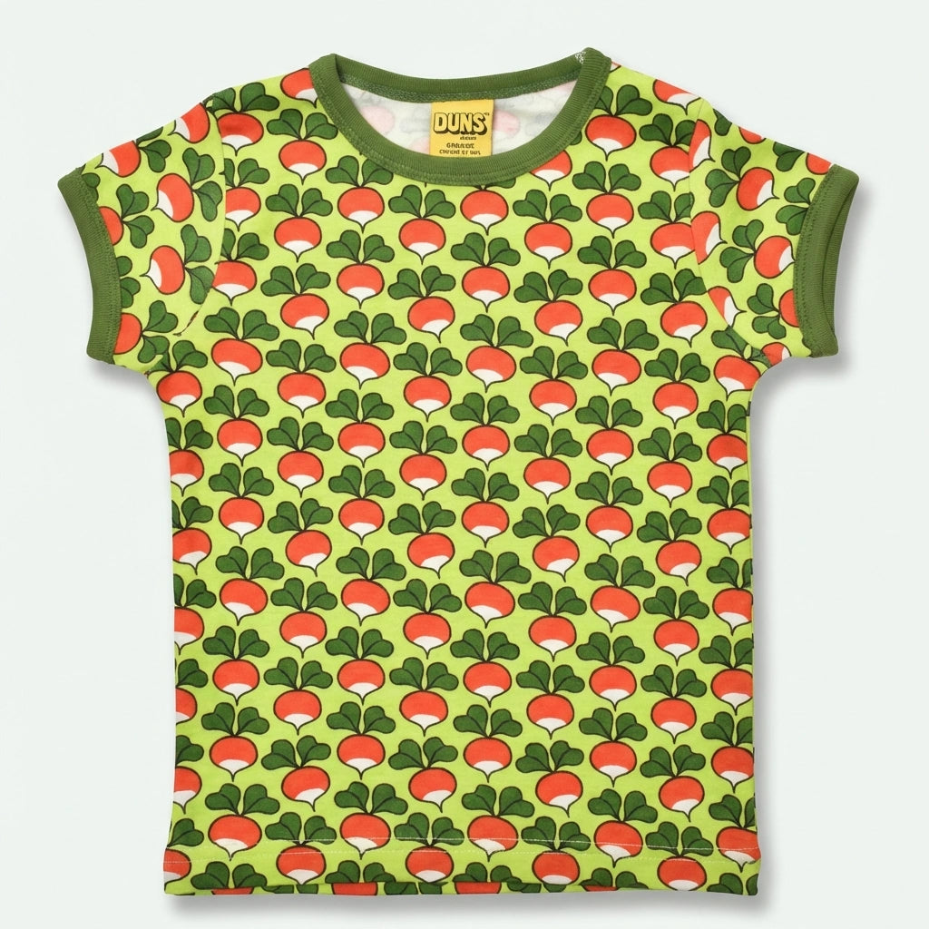 T-shirt with red radish pattern on a green background