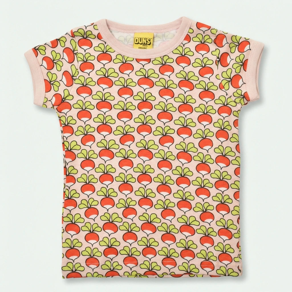 T-shirt with red and green pattern on a white background