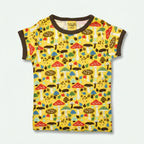 Children's t-shirt with colorful mushroom pattern on a yellow background