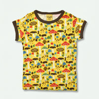 Children's t-shirt with colorful mushroom pattern on a yellow background