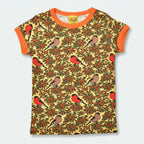 T-shirt with bird and berry pattern on a plain background