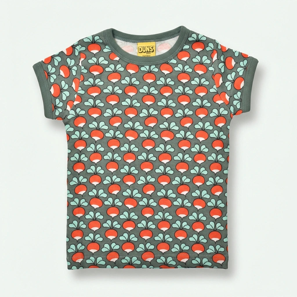 T-shirt with red radish pattern on a gray background
