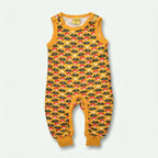 Yellow children's romper with Radish pattern on a white background