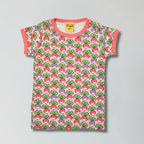 Camelia rose pink multi radish print organic cotton t-shirt for babies and toddlers — Baby Goes Retro