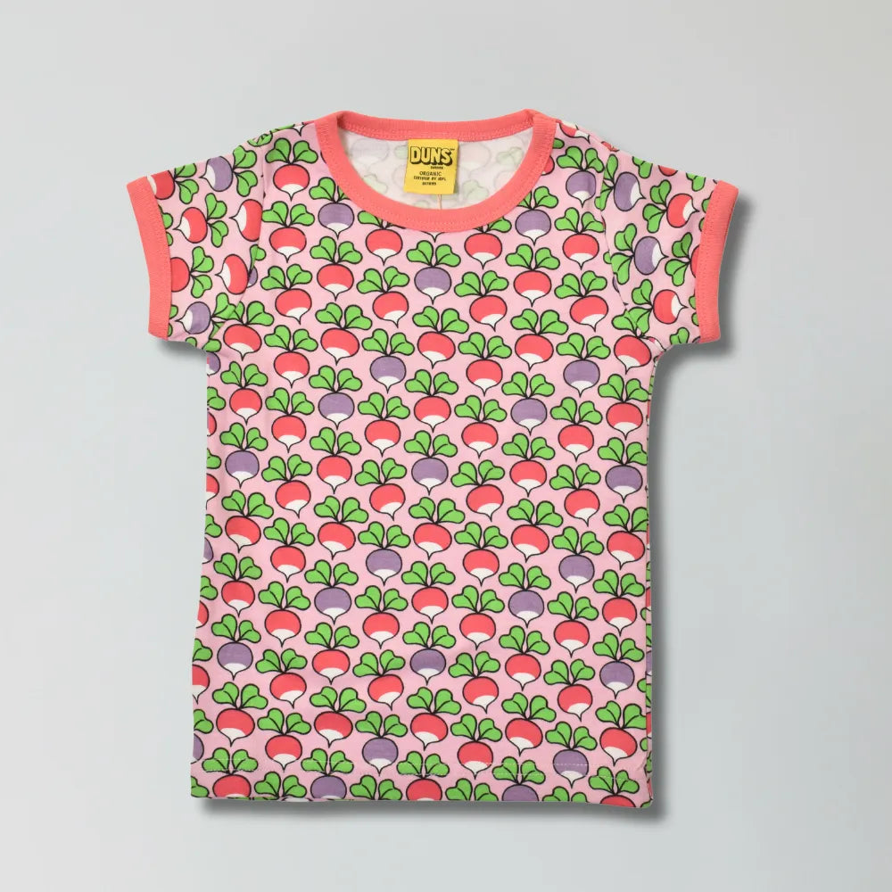 Camelia rose pink multi radish print organic cotton t-shirt for babies and toddlers — Baby Goes Retro