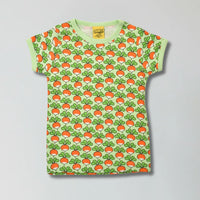 Patina green organic cotton t-shirt with radish print taping for babies and toddlers — Baby Goes Retro