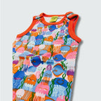 Organic jellyfish print romper dungaree in red with orange trim, DUNS Sweden – organic baby clothes, rompers suit