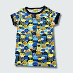 Organic jellyfish print short sleeve top styled with matching toddler dress, in black with black trim, DUNS Sweden – organic kidswear, toddler dress