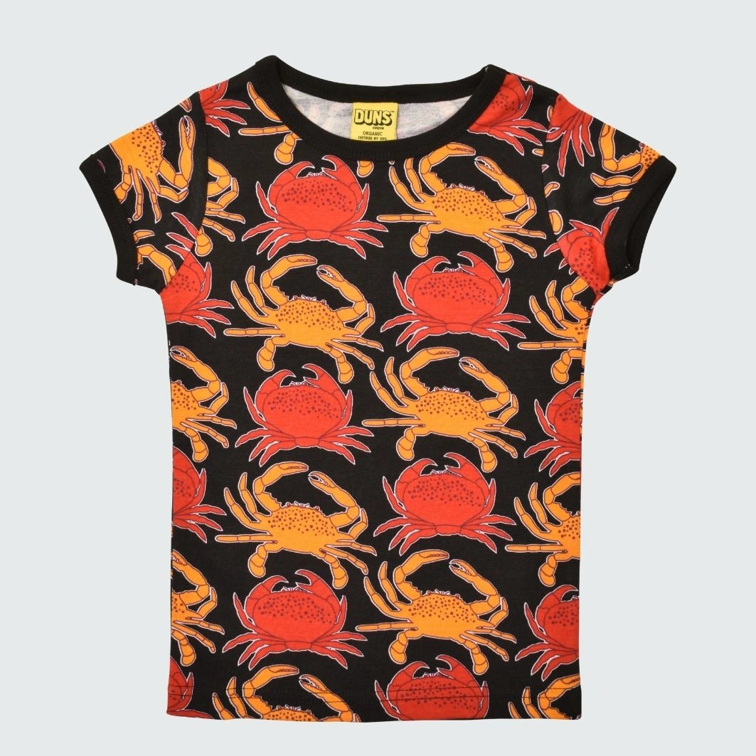 Organic crab print kidswear shirt in black with black trim, DUNS Sweden – organic kidswear, infant shirts