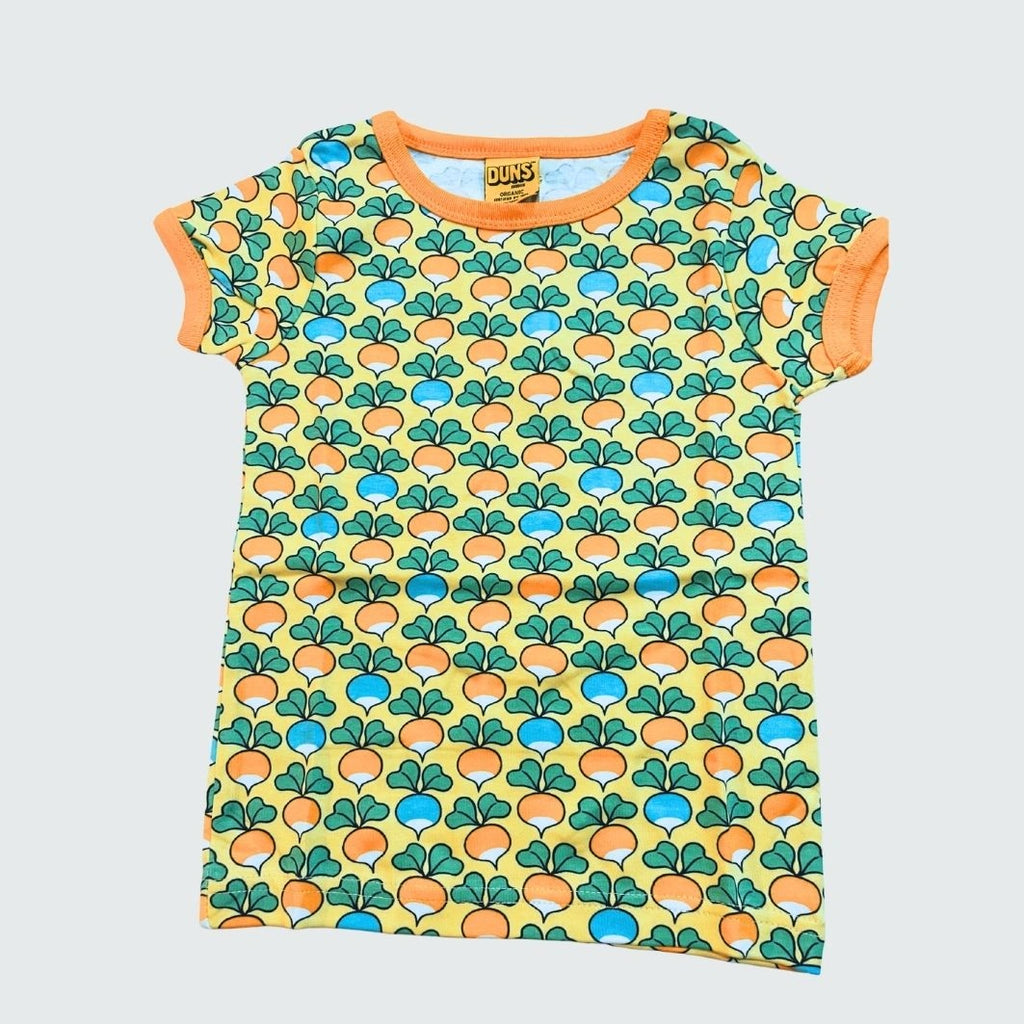 Organic multi radish print kidswear infant shirt in yellow cream with radiant yellow trim, DUNS Sweden – organic kidswear, infant shirts