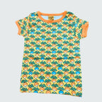 Organic multi radish print kidswear infant shirt in yellow cream with radiant yellow trim, DUNS Sweden – organic kidswear, infant shirts