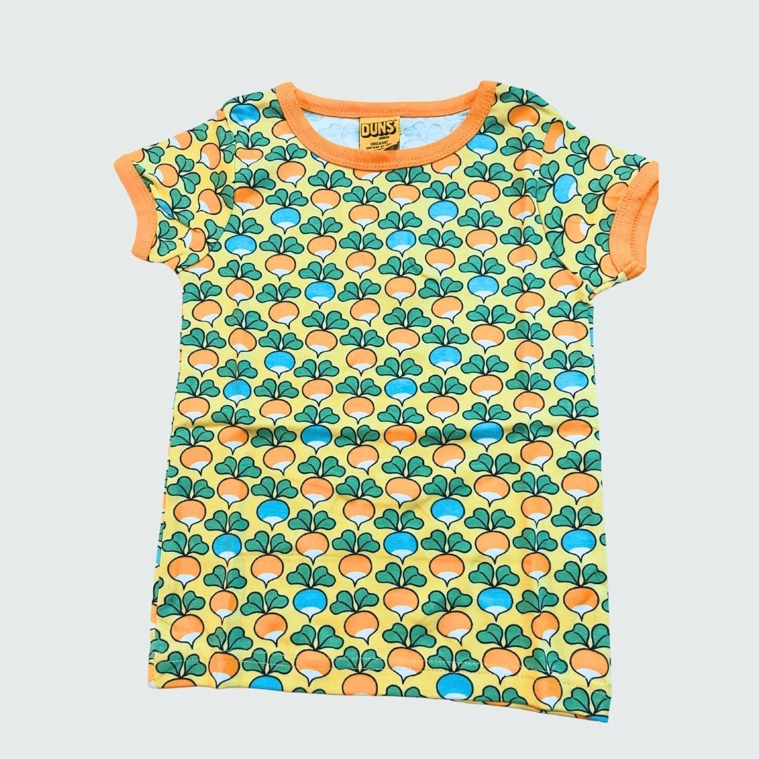 Organic multi radish print kidswear infant shirt in yellow cream with radiant yellow trim, DUNS Sweden – organic kidswear, infant shirts