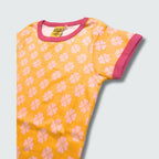 Organic clover print kidswear infant shirt in radiant yellow with hot pink trim, DUNS Sweden – kidswear, infant shirts