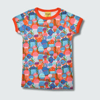 Organic jellyfish print kidswear shirt in blue with orange trim, DUNS Sweden – organic kidswear, infant shirts