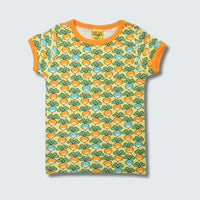 Organic multi radish print kidswear shirt in yellow cream with radiant yellow trim, DUNS Sweden – organic kidswear, infant shirts