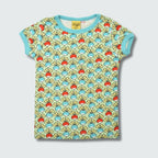 Organic multi radish print kidswear shirt in green ash with capri blue trim, DUNS Sweden – organic kidswear, infant shirts
