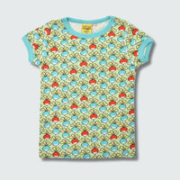 Organic multi radish print kidswear shirt in green ash with capri blue trim, DUNS Sweden – organic kidswear, infant shirts
