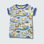 Surf pig print organic kidswear short sleeve top in blue with skydiver blue trim, DUNS Sweden – organic kidswear, infant shirts