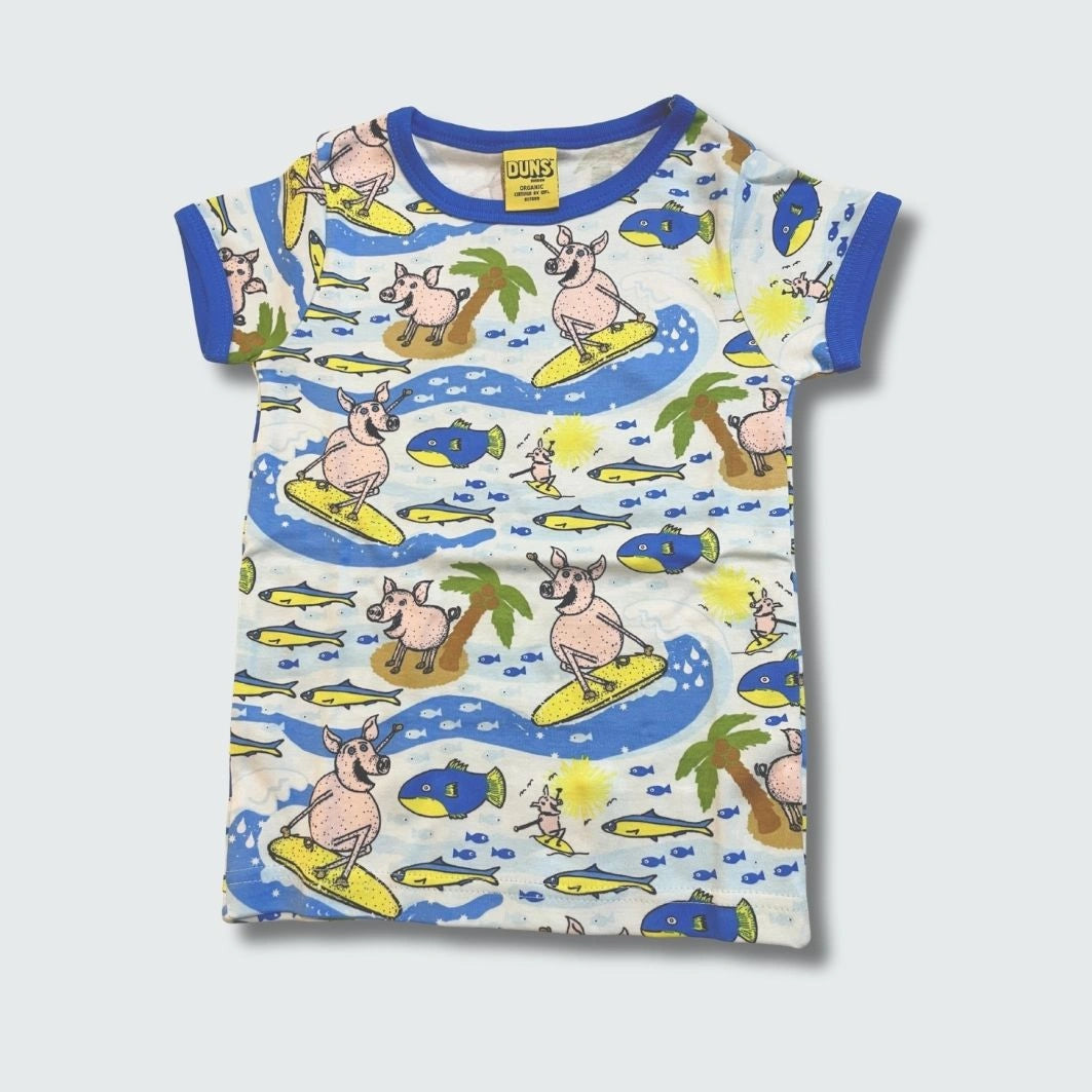 Surf pig print organic kidswear short sleeve top in blue with skydiver blue trim, DUNS Sweden – organic kidswear, infant shirts