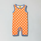 Vibrant orange clover print organic cotton play suit romper for babies — Baby Goes Retro