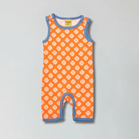 Vibrant orange clover print organic cotton play suit romper for babies — Baby Goes Retro