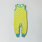 Sulphur spring green clover print organic cotton infant dungarees for babies and toddlers — Baby Goes Retro