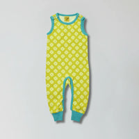 Sulphur spring green clover print organic cotton infant dungarees for babies and toddlers — Baby Goes Retro