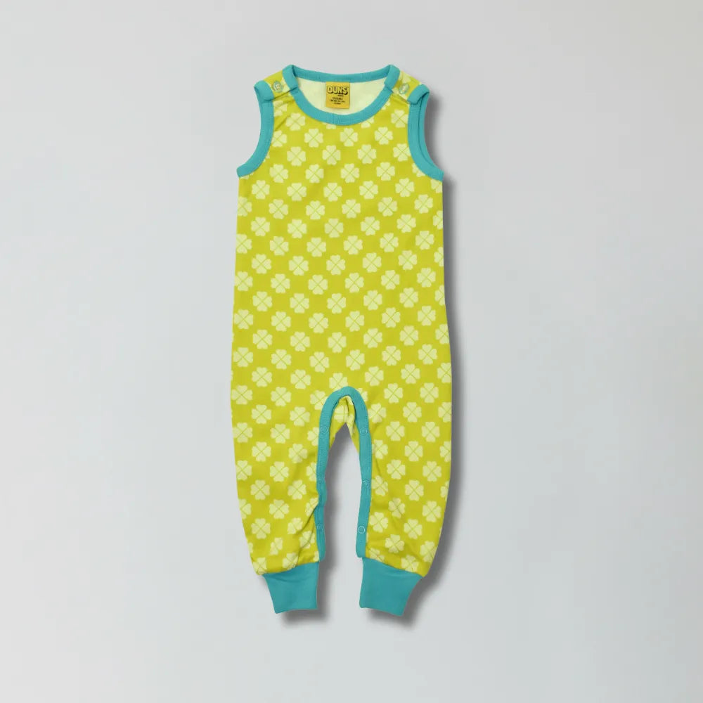 Sulphur spring green clover print organic cotton infant dungarees for babies and toddlers — Baby Goes Retro