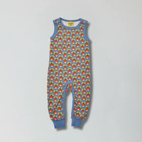 Marina blue radish print organic cotton infant dungarees for babies and toddlers — Baby Goes Retro