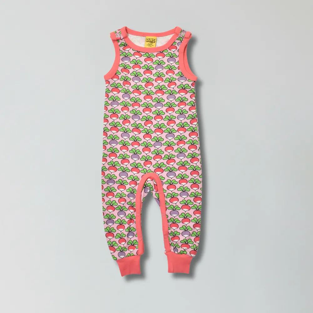 Camelia rose pink multi radish print organic cotton infant dungarees for babies — Baby Goes Retro