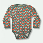 Children's long-sleeve bodysuit with red mushroom pattern on a light gray background